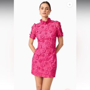 elliatt claudia pink 3d floral applique high neck open back mini dress large NEW
